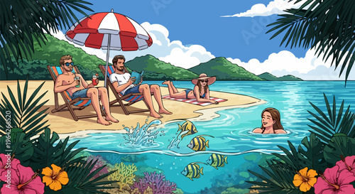 Tropical beach vacation vector illustration, friends relaxing on summer holiday, group of people at exotic island resort with coral reef and fish