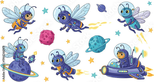Space Explorers: Cartoon Bees in Space Suits Flying Through the Galaxy with Planets and Stars