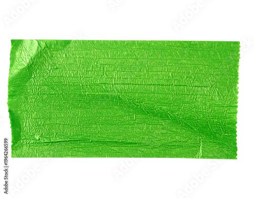 Wrinkled green tape strip with torn edges on a white background