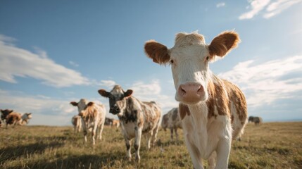 Group of cows in a field. in the foreground, there is a white cow with brown spots standing in the center of the image. the cow is looking directly at the camera with a curious expression on its face.