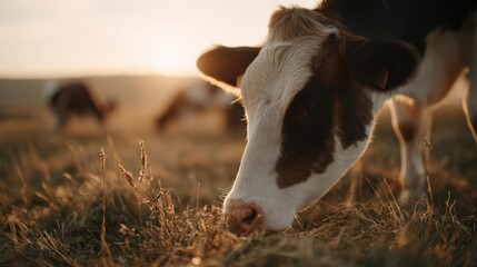 Close-up of a cow's face. the cow is black and white with patches of brown on its face and neck.