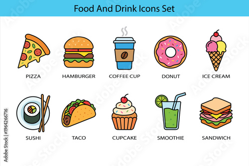 Colorful food and drink icons set with pizza hamburger coffee cup donut ice cream sushi taco cupcake smoothie sandwich isolated on white background