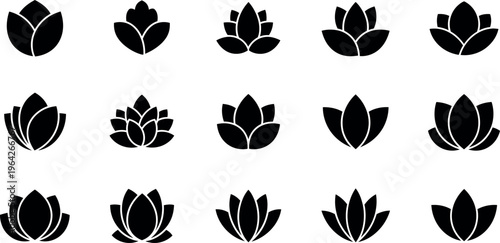 Collection of fifteen black lotus flower on white background symbol simple clean