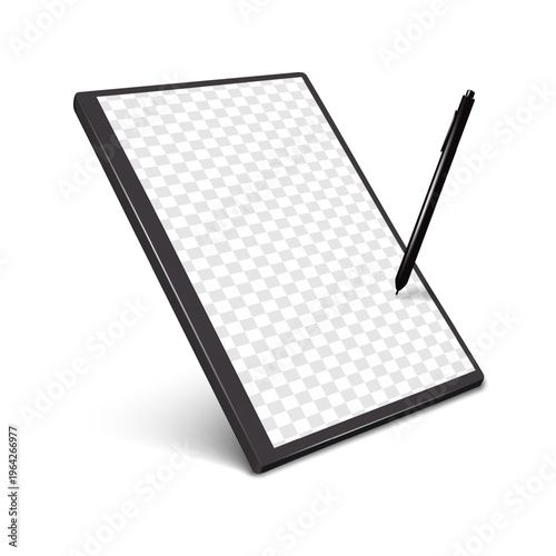 Graphic tablet. Drawing, writing pad with pen. Realistic 3d vector mockup. Digital notebook blank empty transparent screen. Mock-up. E-Book, e-Ink notepad display. Template for design