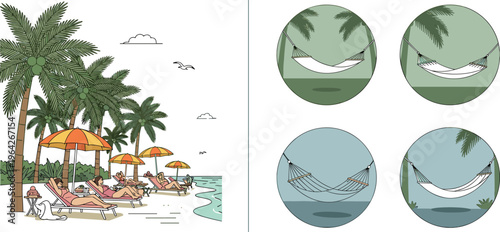 Beach Vacation Scene with Palm Trees, Loungers, Hammocks, and Relaxing on the Shore for Travel, Holiday, and Summer Designs