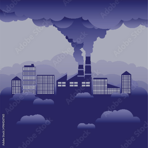 Industrial city landscape with factory chimneys emitting thick smoke