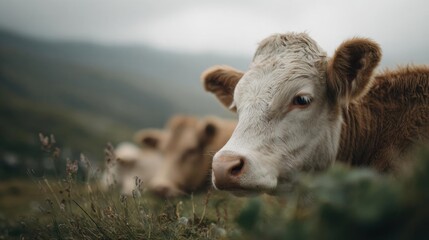 Close-up of a cow's face. the cow is facing the camera and is looking directly at the camera. it has a light brown coat with white patches on its face and neck.