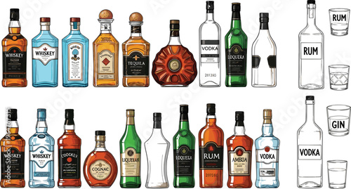 Collection of Alcoholic Beverages Bottles, Including Whiskey, Vodka, Rum, and Gin
