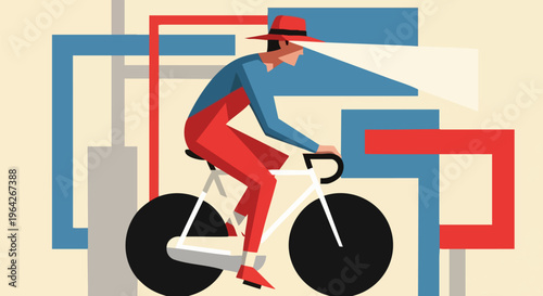 Retro geometric cyclist illustration, vintage man riding bicycle in flat abstract style, minimalist cycling art with red and blue shapes