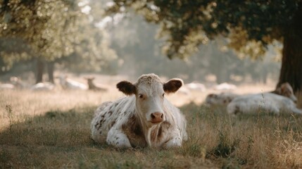 Photograph of a cow lying in a field. the cow is white with brown spots and is looking directly at the camera. it is lying on its side with its head resting on the ground.