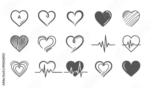 Collection of fifteen diverse hand drawn heart and electrocardiogram lines love pulse