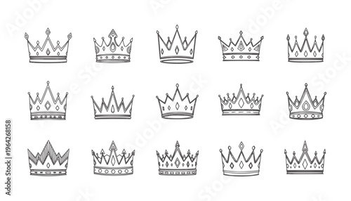 Collection of hand drawn crown in various styles royal king queen monarchy