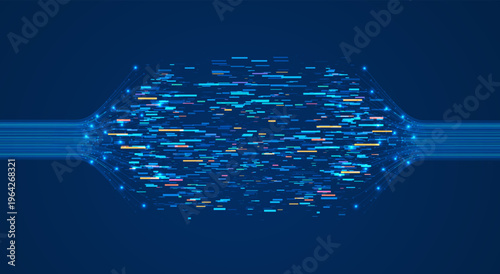 Abstract digital data flow with glowing particles merging into fast stream on dark background. Technology concept suitable for data transfer, network, and innovation themes.