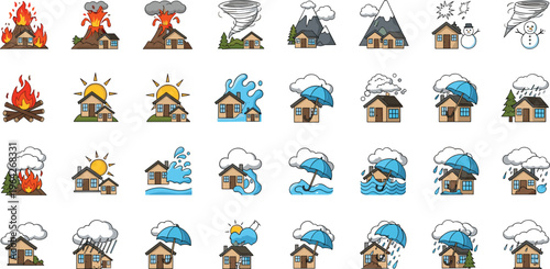Environmental Hazard and Disaster Icons Including Fire, Flood, Storm, Snow, and Volcano for Safety, Protection, and Disaster Preparedness Designs