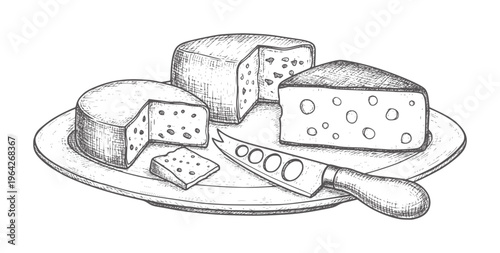 Hand drawn cheese selection with knife wooden board dairy food