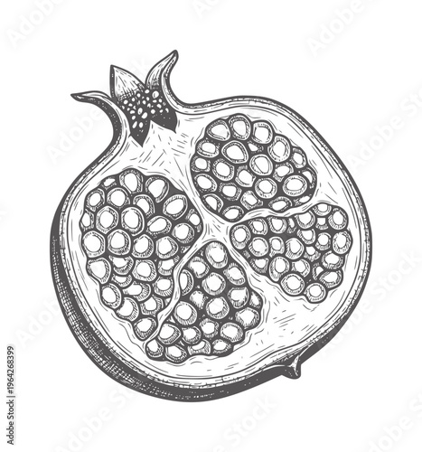 Hand drawn cross section of a ripe pomegranate fruit with seeds