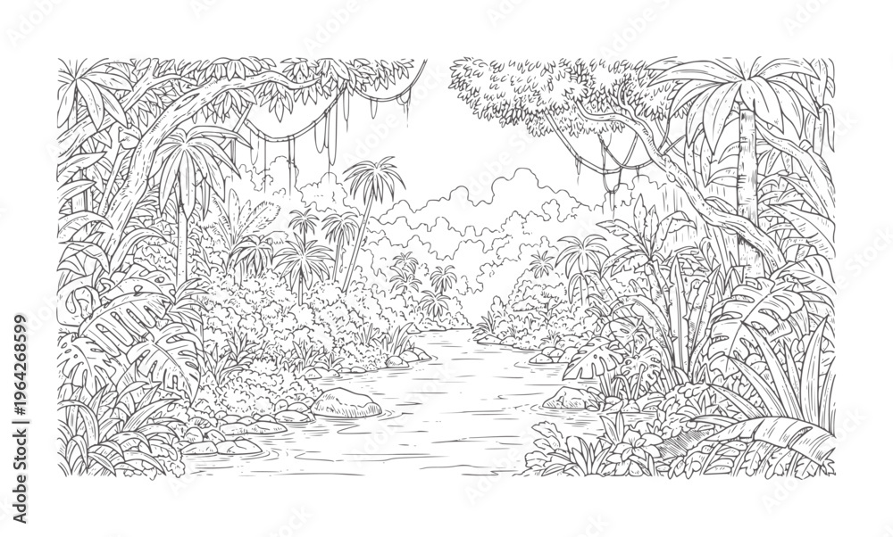 Obraz premium Lush jungle river scene with dense foliage and hanging vines forest trees