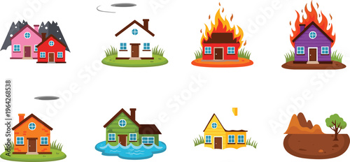 Home Icons with Various Disasters Including Fire, Flood, Earthquake, and Storm for Emergency, Safety, and Disaster-related Designs