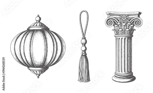 Hand drawn vintage lantern tassel and ionic column