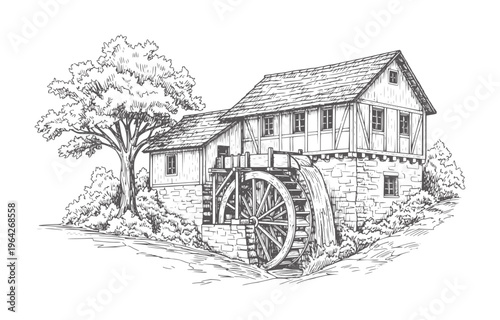 Ink of a rustic watermill with a large wheel and surrounding foliage traditional