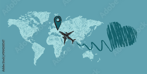 Map of the world, The plane drew a heart. Grunge style.