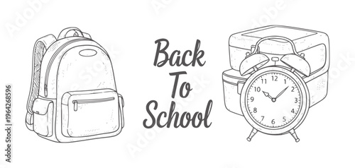 Of a backpack alarm clock and lunchbox with back to school text