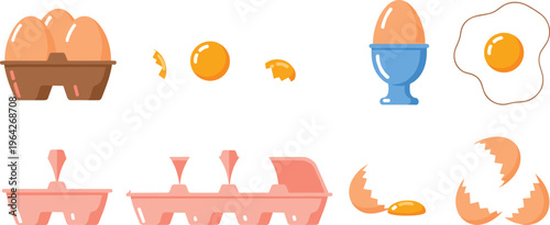 Illustration of Egg Carton, Cracked Egg Shell, Yolk, Egg Cup, and Fried Egg for Food, Cooking, and Kitchen-themed Designs