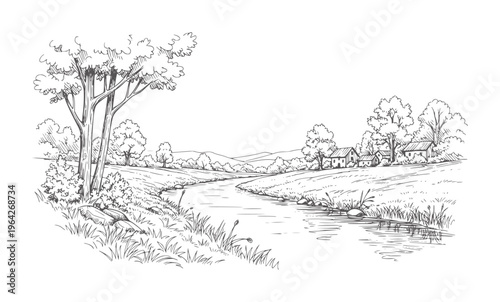 Of a winding river flowing through a rural landscape with trees and houses