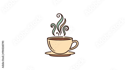 A steaming cup of hot espresso with a delicate flower design sits on a brown saucer, creating a perfect cafe breakfast illustration featuring rich mocha aroma and caffeine.