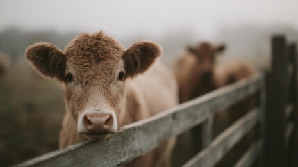 Close-up of a cow's face peeking over a wooden fence. the cow is light brown in color and has a curious expression on its face. its ears are perked up and its eyes are looking directly at the camera.