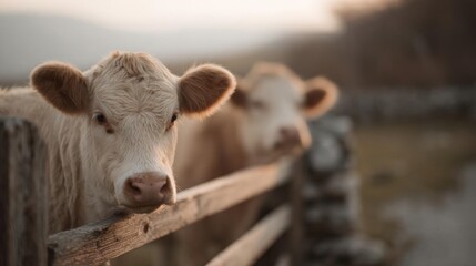Two cows standing behind a wooden fence. the cow on the left is light brown in color and has a white face with a pink nose. it is looking directly at the camera with a curious expression.
