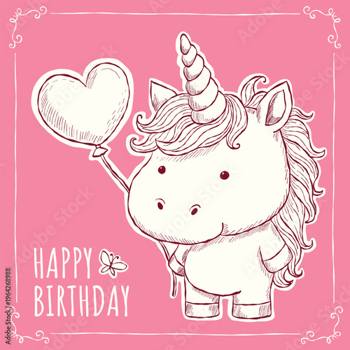 An adorable handdrawn birthday card illustration featuring a cute unicorn holding a heart-shaped balloon  for kids birthday cards, invitations, greeting designs, and festive stationery.