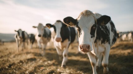 Group of cows walking in a field. the cows are black and white with patches of brown and white on their bodies. the cow in the foreground is looking directly at the camera with a curious expression.