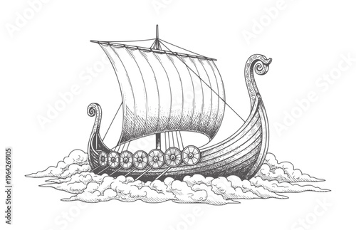 Viking longship sailing through stylized clouds in a engraving style boat