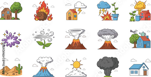 Natural Disaster and Weather Icons Including Fire, Earthquake, Volcano, Tornado, and Storm for Emergency, Safety, and Environmental Designs