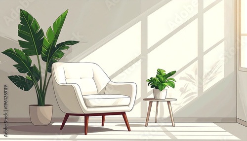 A cozy interior scene features a white armchair, a large potted plant, and a small side table with another plant by a sunny window