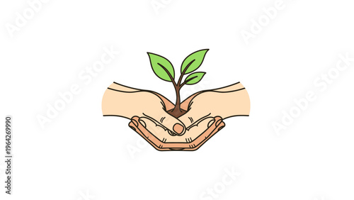 A small green plant grows from a hand holding soil as a symbol of new life and business investment in a sustainable nature concept.