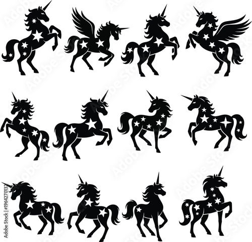 Collection of black unicorn silhouettes with white stars in various poses