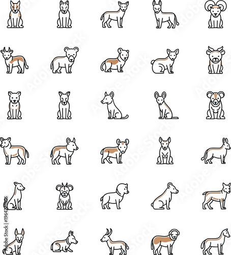 Collection of stylized dog in various poses and breeds dog animal pet canine dog breeds simple outline