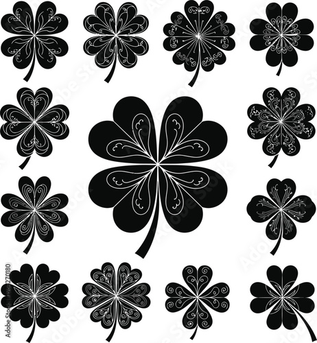 Collection of twelve black four leaf clover with white ornamental details luck lucky charm symbol