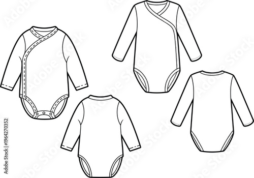 Baby bodysuit set with wrap design and long sleeves, front and back views, minimalist clothing template – vector illustration