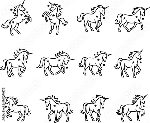 Twelve black and white unicorn with stars in various poses horse mythical creature fantasy magic