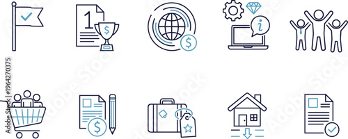 Vector illustration of 12 business icons—symbols for finance, teamwork, travel, shopping, achievement, planning, approval, and global operations reference
