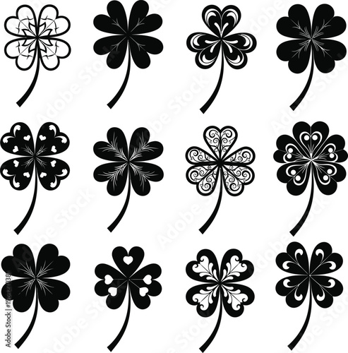 Twelve black clover leaf with intricate and simple shapes four leaf clover three leaf clover lucky charm