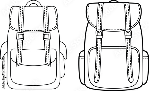 Backpack set, school and travel bags with straps and pockets, front and back views, detailed bag templates – vector illustration