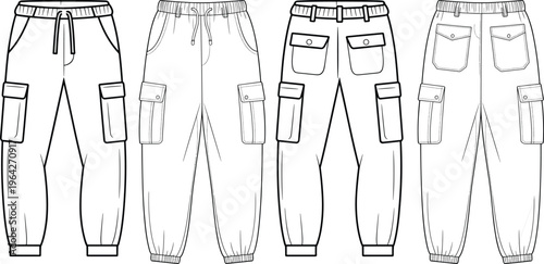 Cargo pants mockup set, front and back views, detailed pocket design jogger and utility trousers in clean line art – vector illustration