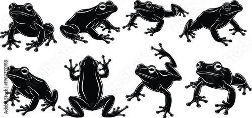 Frog silhouettes set isolated on white background, black toad leaping and sitting vector illustration, diverse amphibian poses for professional nature and pond life graphic design.
