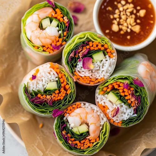Fresh shrimp summer rolls with sauce.