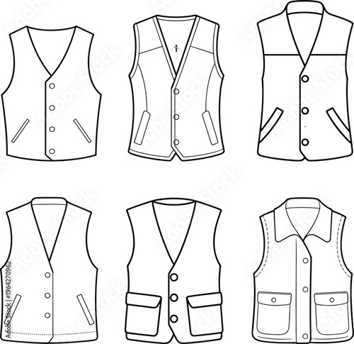 Classic vest collection technical drawing, front and back views, button closure styles, casual formal outerwear apparel template – vector illustration