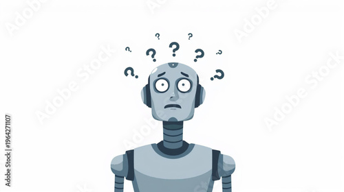 cartoon illustration of A human robot surrounded by floating black question on white background